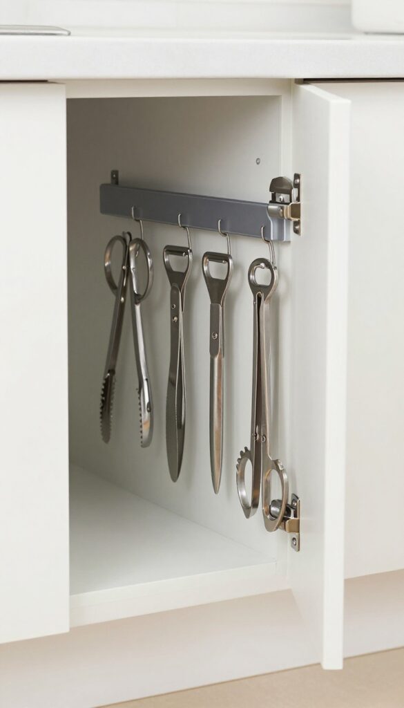 Magnetic strip inside under-sink cabinet holding metal kitchen tools like scissors and tongs