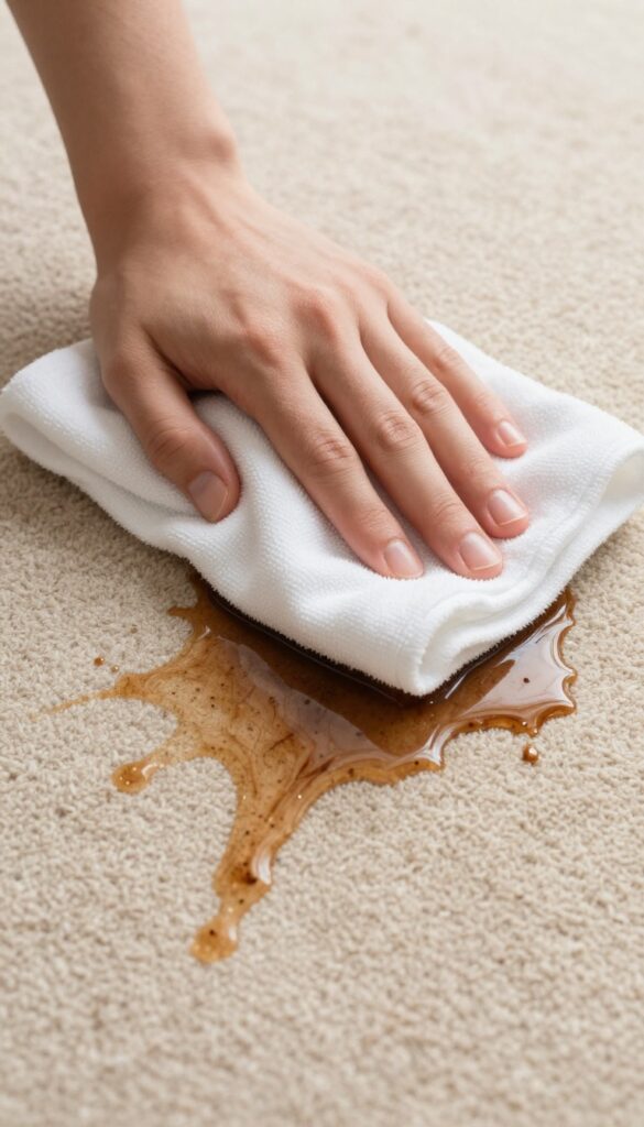 Blotting a coffee spill on carpet with a white cloth
