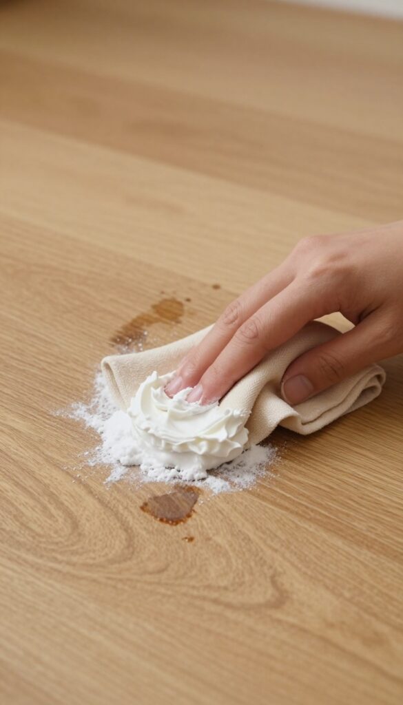 Close-up of cleaning a wood floor stain with baking soda paste using a soft cloth
