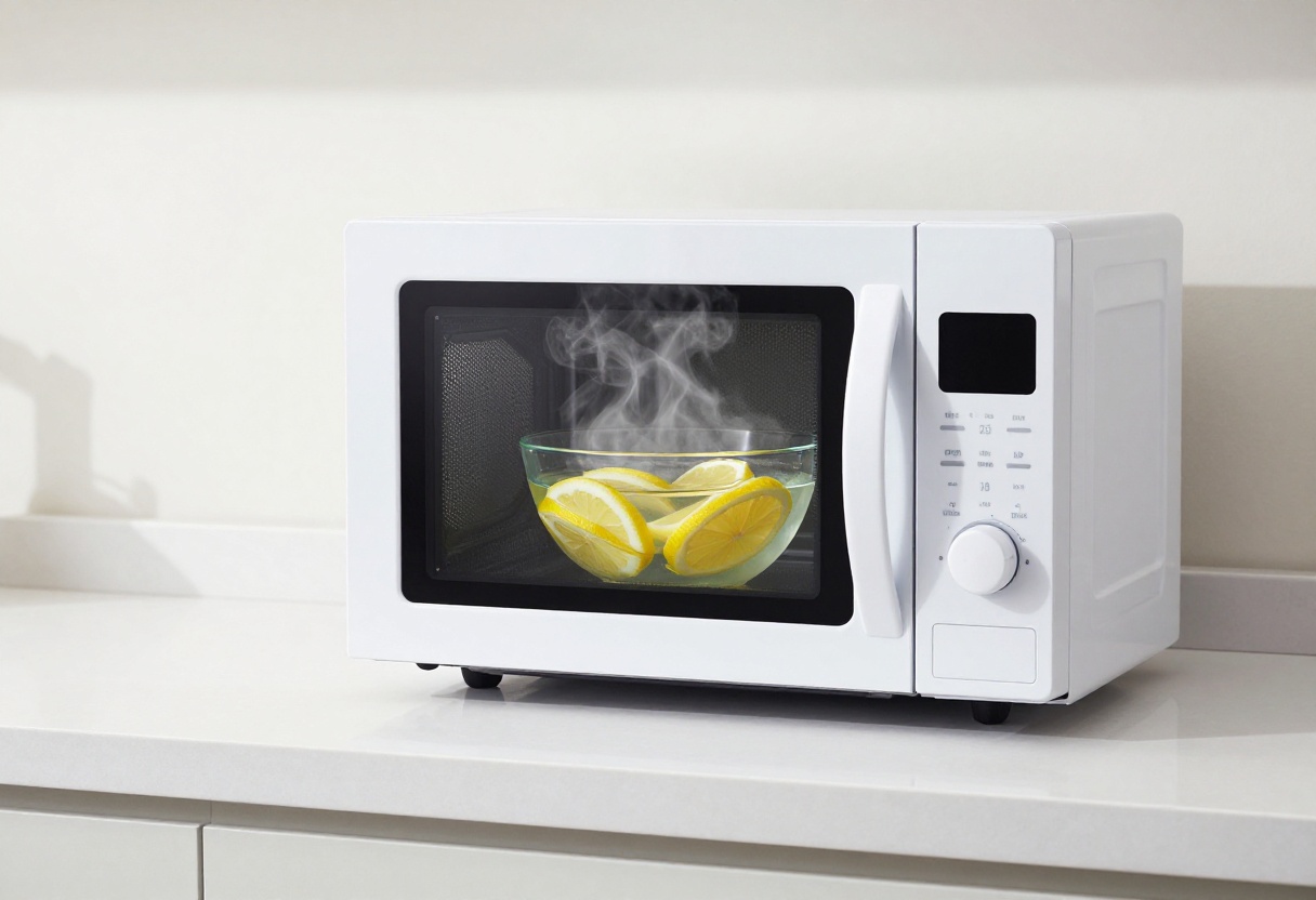 Clean microwave with lemon water steam cleaning