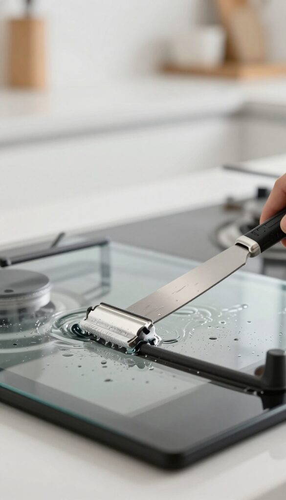 A razor scraper being used to remove burnt-on food from a wet glass stove top, with bright natural light and a clean kitchen background.