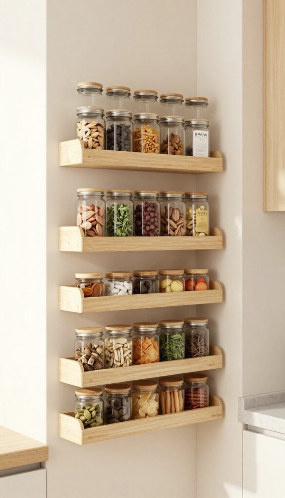 Wall-mounted spice rack with glass jars in a bright, organized pantry