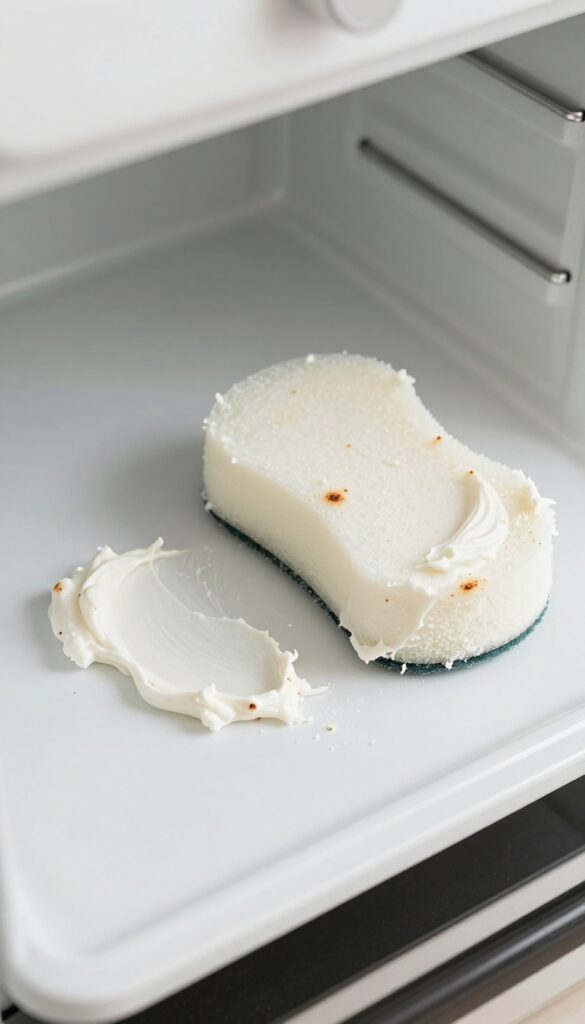 Salt and baking soda paste applied to burnt-on oven spots with a damp sponge nearby