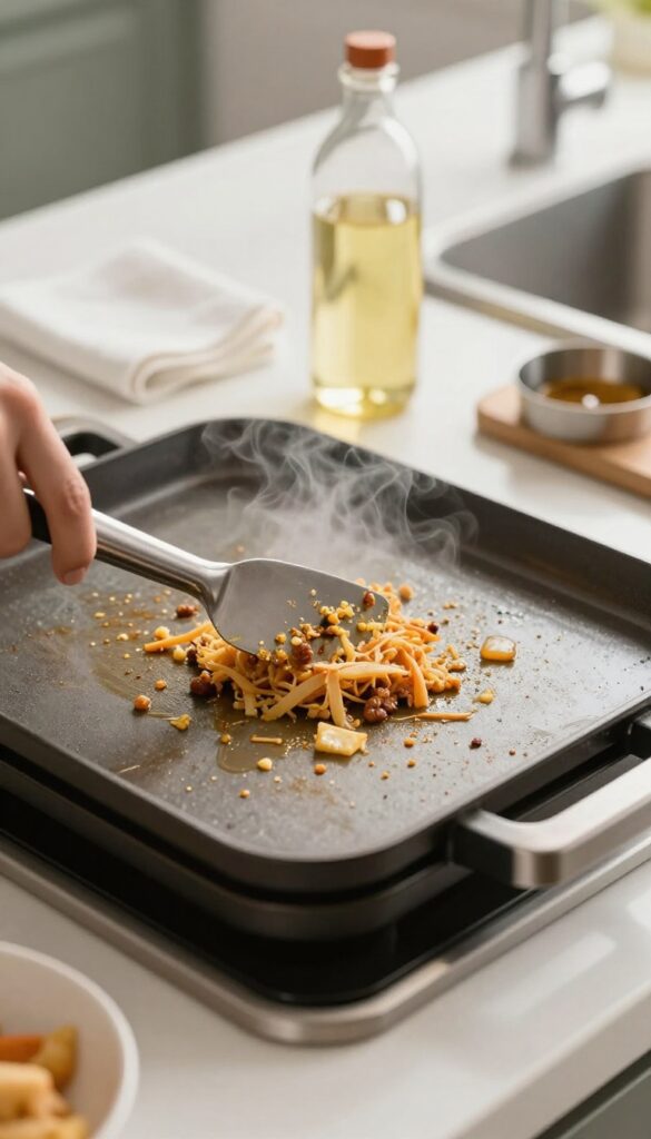 Cleaning a Blackstone griddle with scraper and oil after cooking