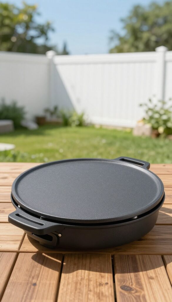 Blackstone griddle with weatherproof cover on deck in garden