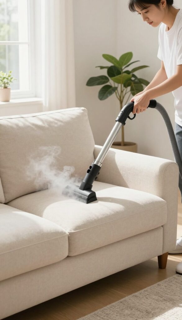 Professional upholstery cleaner using steam cleaning machine on a beige sofa in a bright living room.