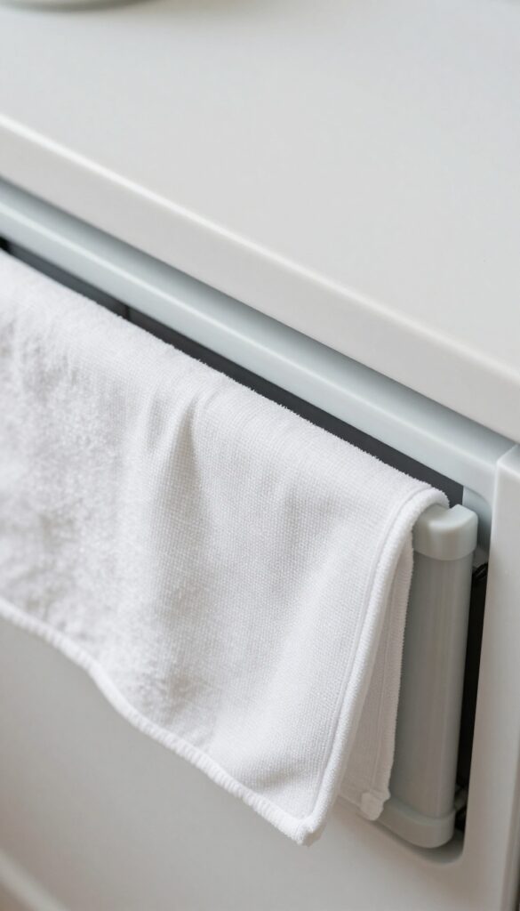 Wiping down a clean oven door gasket with a damp cloth