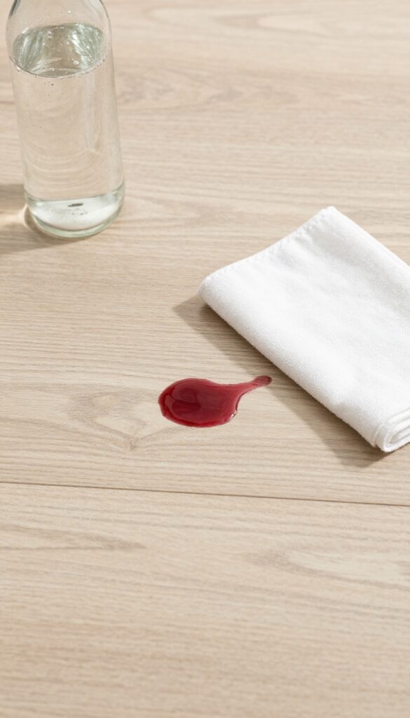Blotting a fresh wine spill on laminate flooring with a microfiber cloth, club soda bottle nearby