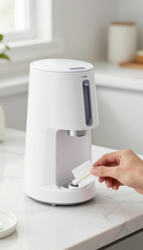Cleaning the water reservoir valve of a Keurig with a cotton swab and vinegar
