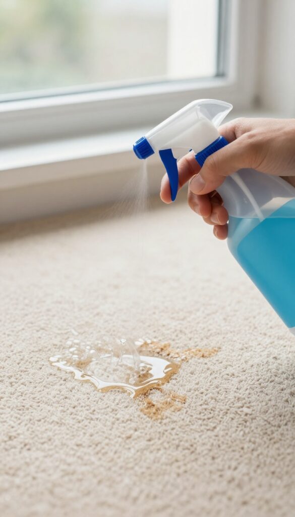 Hand spraying enzyme cleaner on a fresh pet stain on a beige carpet