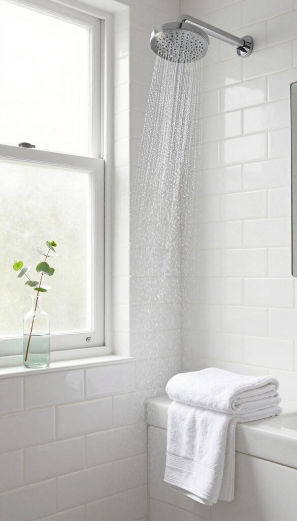 Bright bathroom with clean grout, sparkling showerhead, fresh white towels, and eucalyptus on counter, natural light.