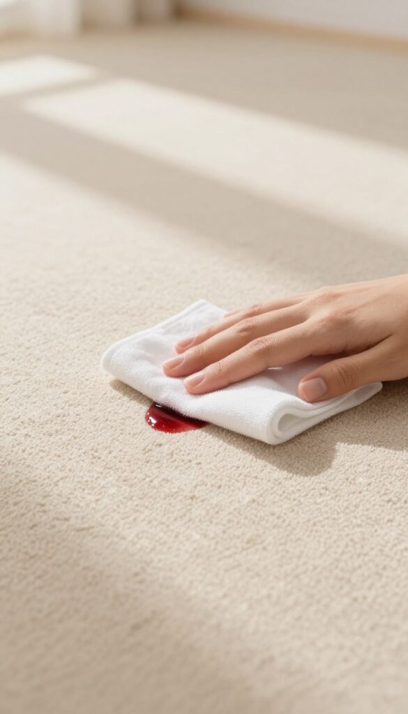 Blotting a red wine spill on a beige carpet with a white cloth, natural light, clean composition.