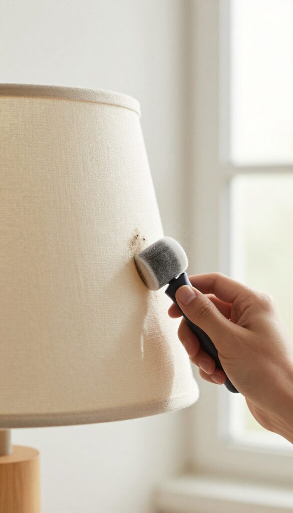 Person using a lint roller on a fabric lampshade to remove dust and pet hair