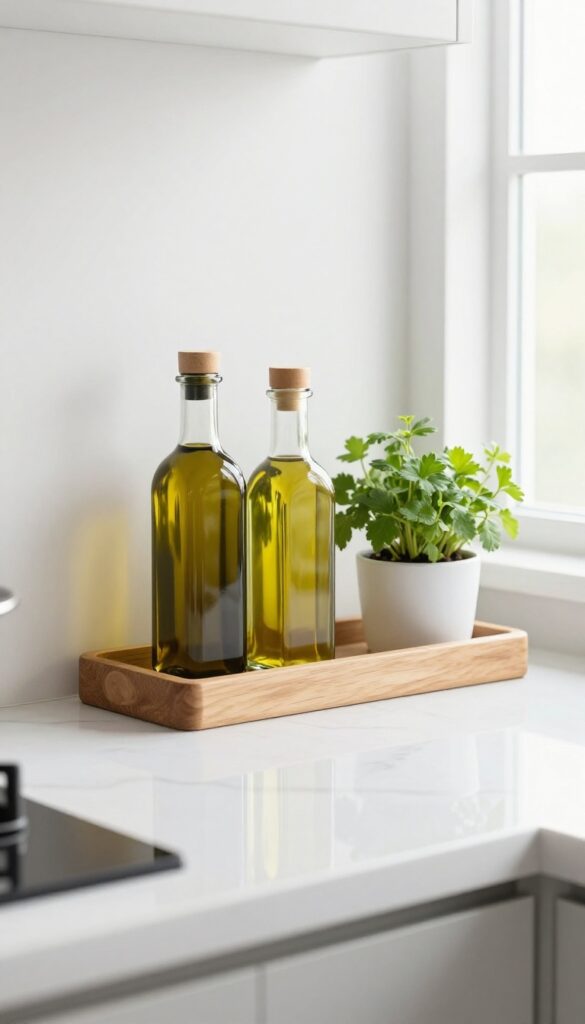 Kitchen countertop corner with a wooden lazy susan holding oil and vinegar bottles, fresh herbs, natural light, minimalist decor.