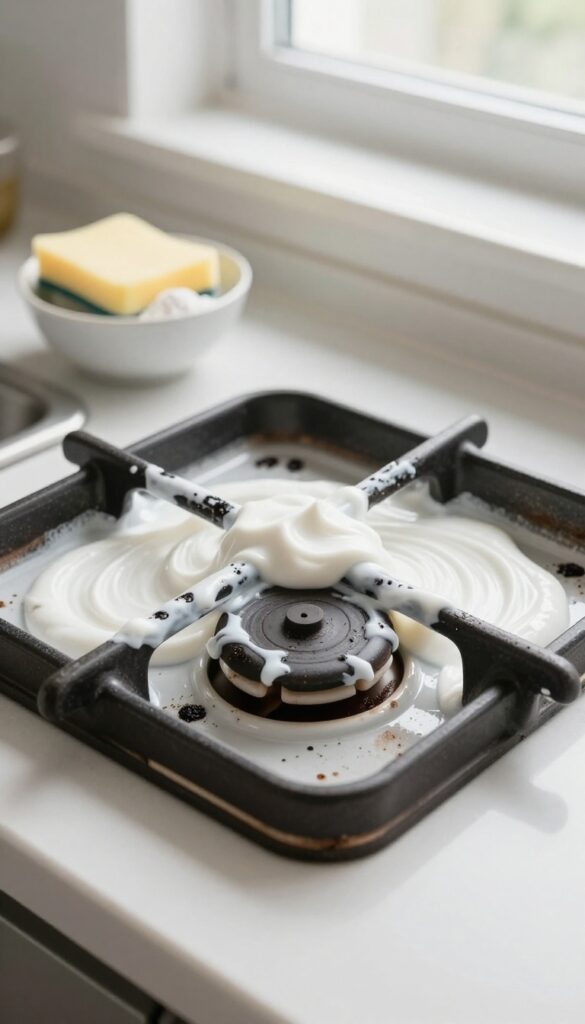 Porcelain stove grate with Bar Keepers Friend paste applied to stubborn grease spots, kitchen counter background