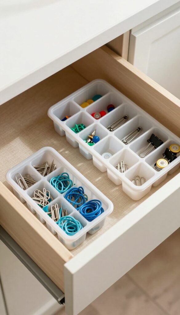 Open kitchen drawer with two ice cube trays organizing tiny items like paper clips, pushpins, and rubber bands.
