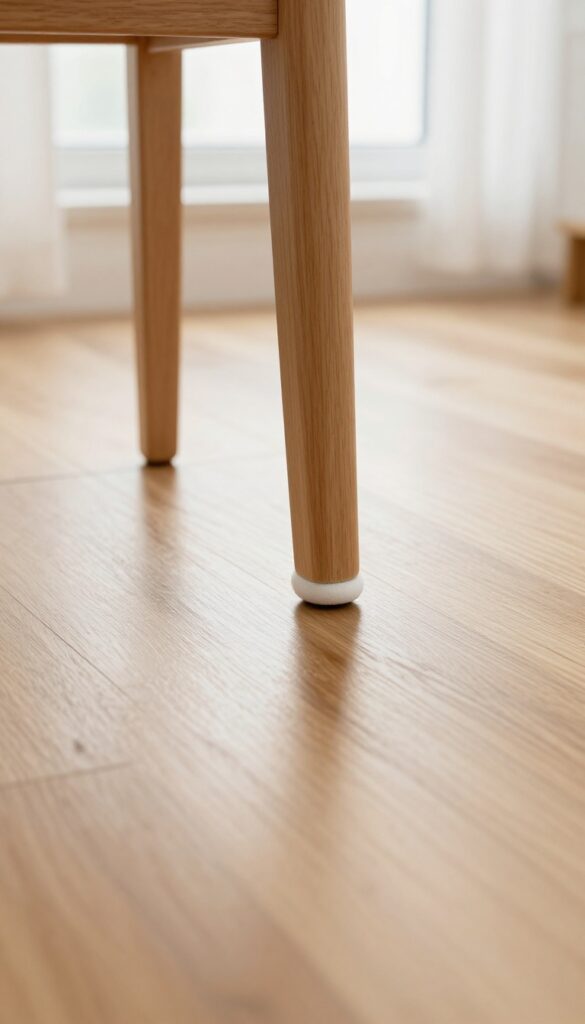 Close-up of a chair leg on a felt pad on a shiny hardwood floor