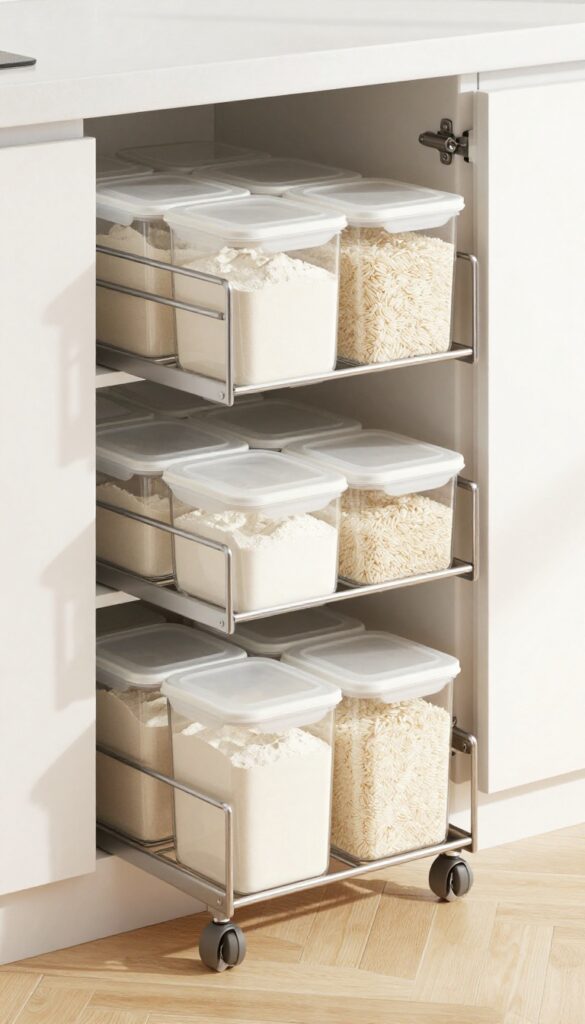 Pull-out floor bins for heavy staples in a bright pantry with natural light