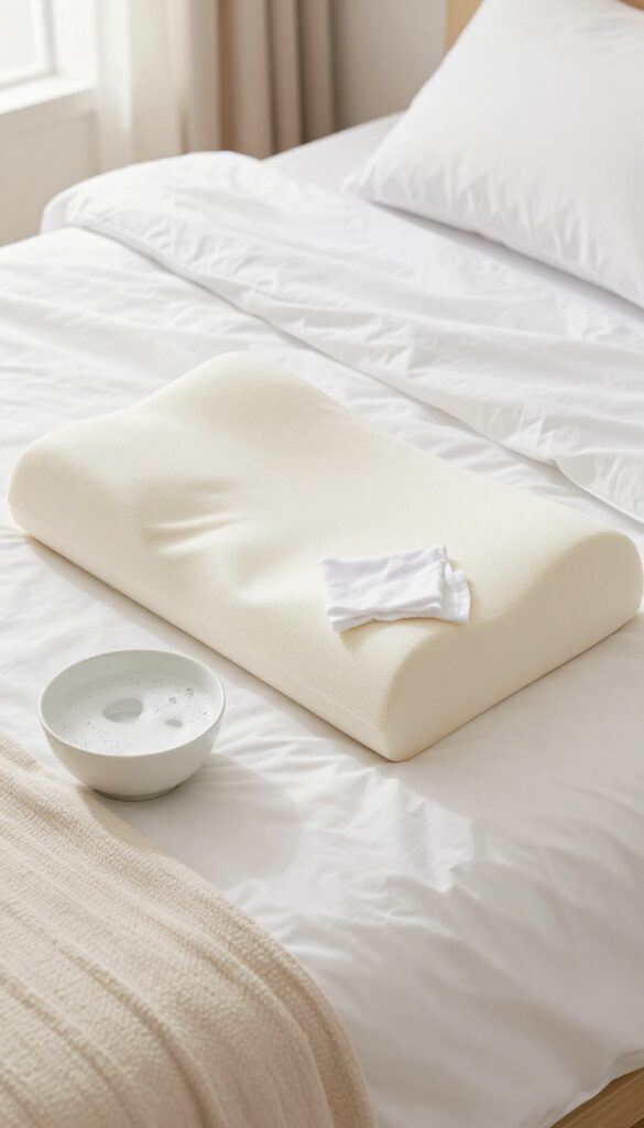 Hand blotting a memory foam pillow with a damp cloth on a clean bed