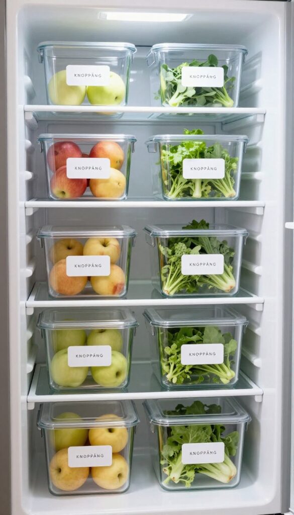 Organized fridge with labeled bins and containers, label maker on shelf