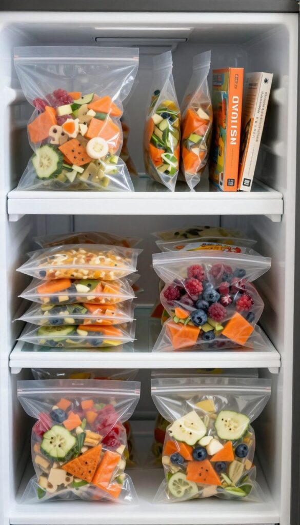 ISTAD resealable bags stacked flat on a refrigerator shelf, organizing leftovers and snacks