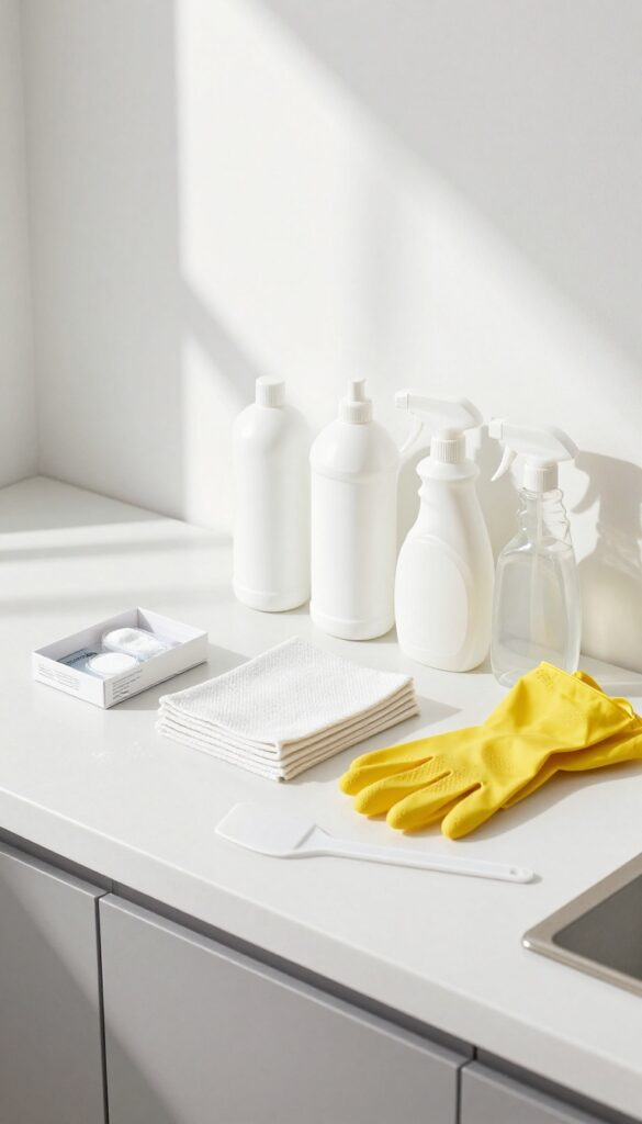 Cleaning supplies arranged on a kitchen counter for oven cleaning