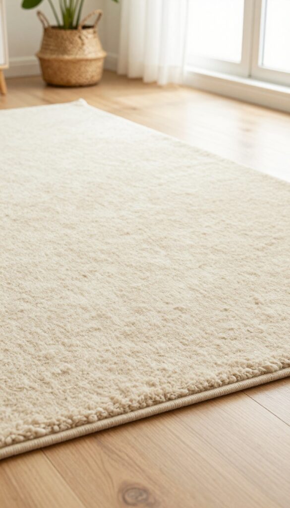 Plush beige wool rug on hardwood floor with a natural felt rug pad visible at the corner, soft natural light, cozy home decor.