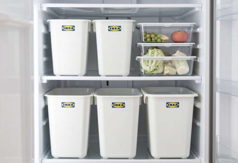 Organized fridge with IKEA bins and labeled containers