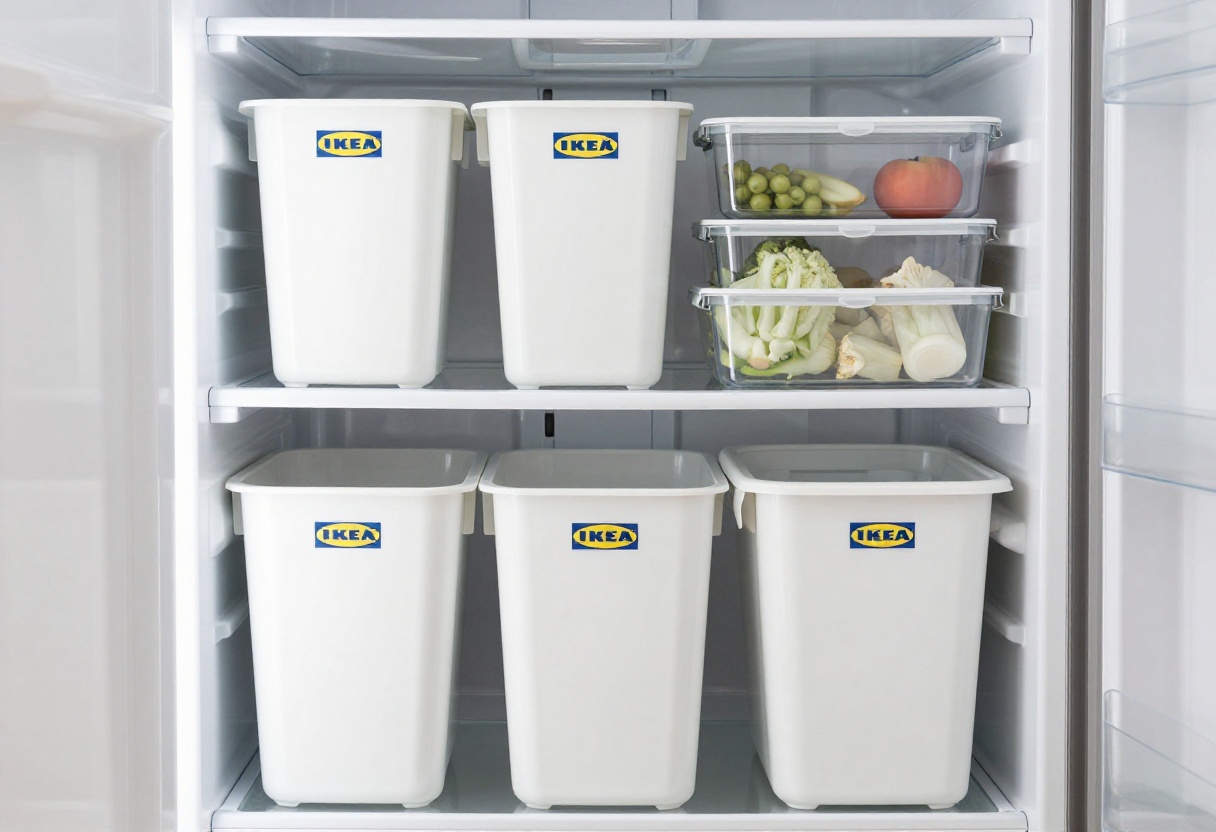 Organized fridge with IKEA bins and labeled containers