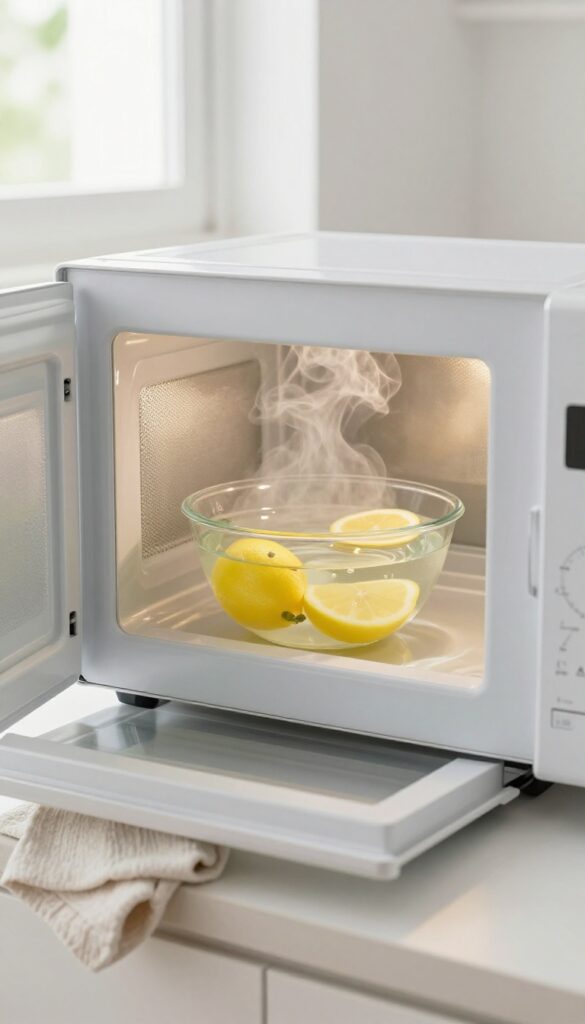 Clean microwave interior with a bowl of water and lemon essential oil steaming, soft natural light, photorealistic home cleaning inspiration