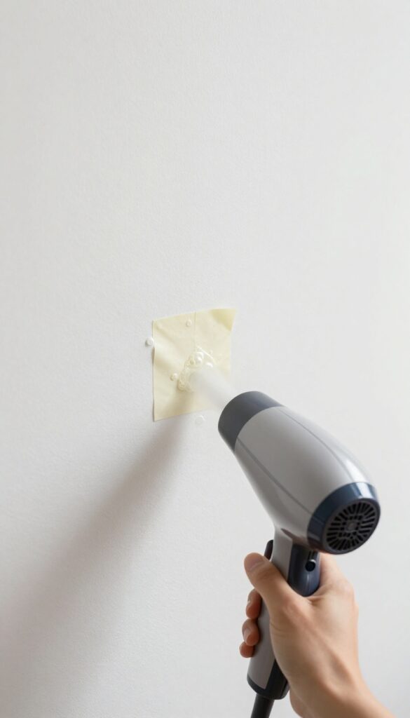 Hand using hair dryer to remove tape residue from a painted wall