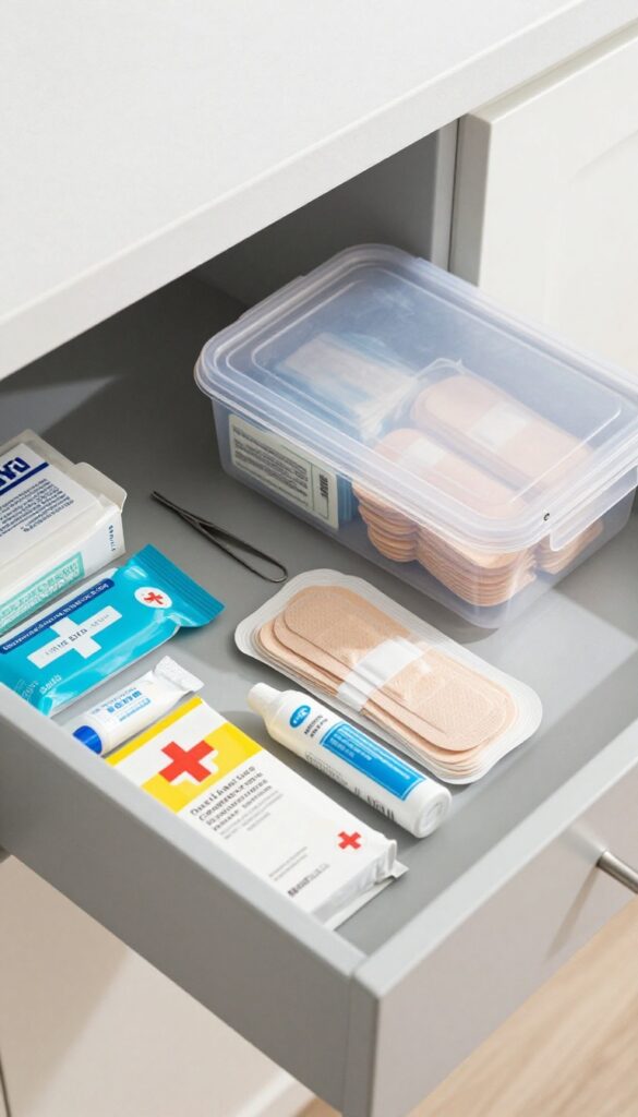 Clear plastic box for first-aid supplies in a kitchen drawer
