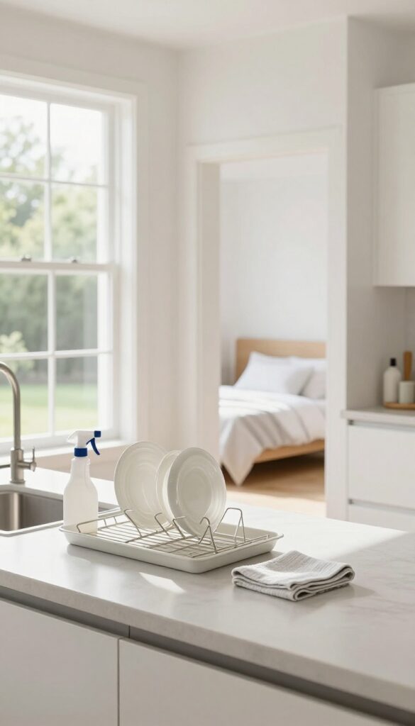 Bright kitchen and bedroom scene with cleaning supplies, bed made, and dishes drying