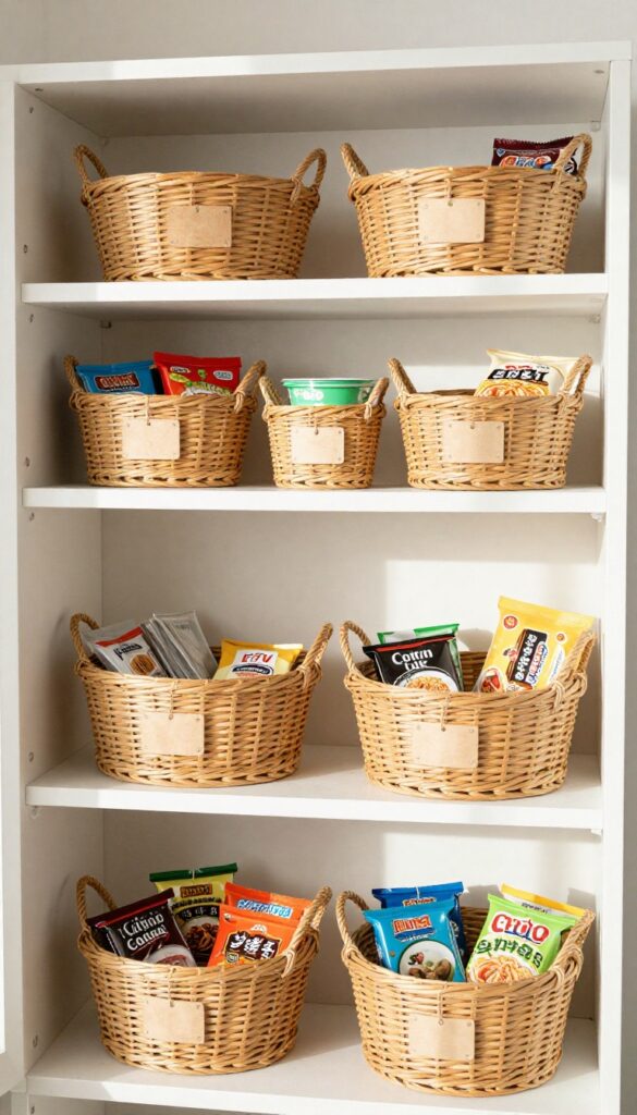 Organized pantry shelf with labeled baskets for loose items like tea bags, noodles, and snack bars.