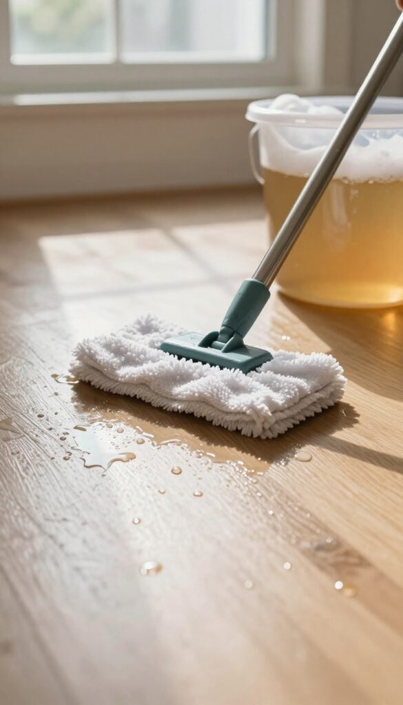 Mopping a vinyl floor with dish soap and warm water for a gentle clean