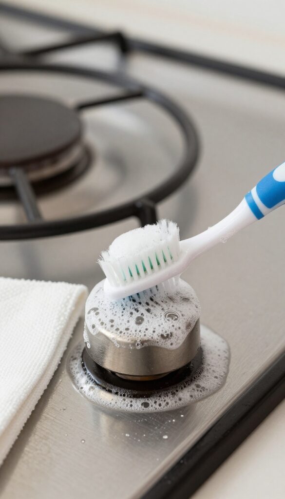 Cleaning stove knobs and crevices with a toothbrush