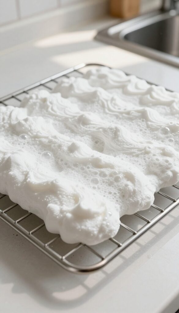 Oven rack covered in hydrogen peroxide and baking soda paste for cleaning burnt grease