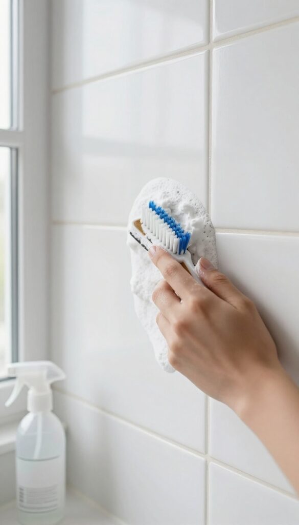 Cleaning bathroom grout with baking soda paste and vinegar