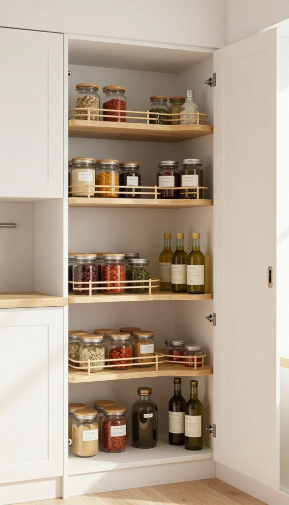 Open tall pantry cabinet with a tiered bamboo lazy Susan on a corner shelf, holding jars of spices and olive oil in natural light.