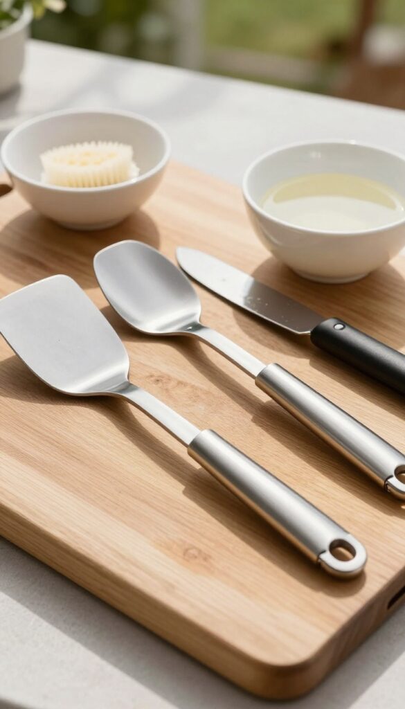 Clean griddle tools on a wooden board beside a Blackstone griddle