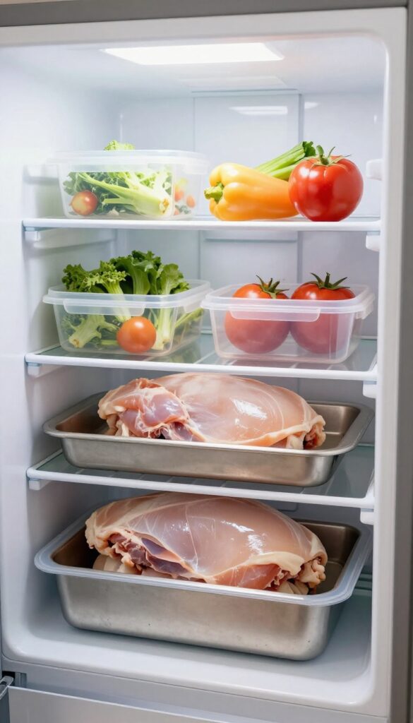 Raw meat stored safely on the bottom fridge shelf in a rimmed baking sheet