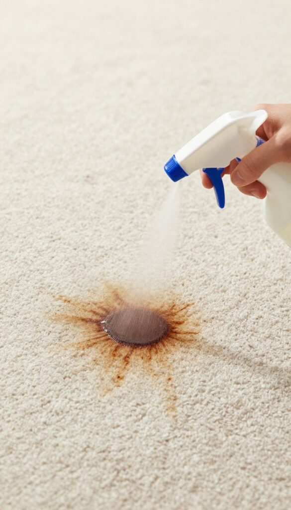Spraying white vinegar and water solution on a coffee stain on carpet
