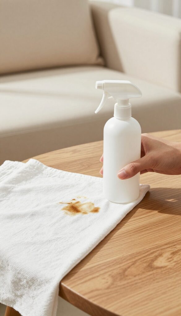 White vinegar spray bottle and cloth cleaning a coffee stain on a beige sofa