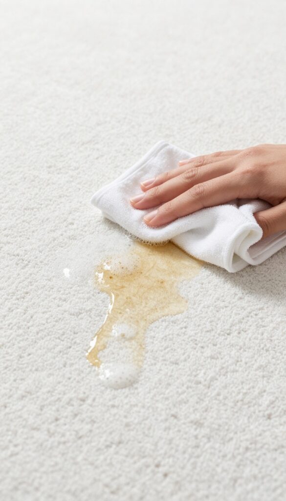 Close-up of cleaning a grease stain on a white carpet with dish soap and warm water, cloth dabbing the stain.