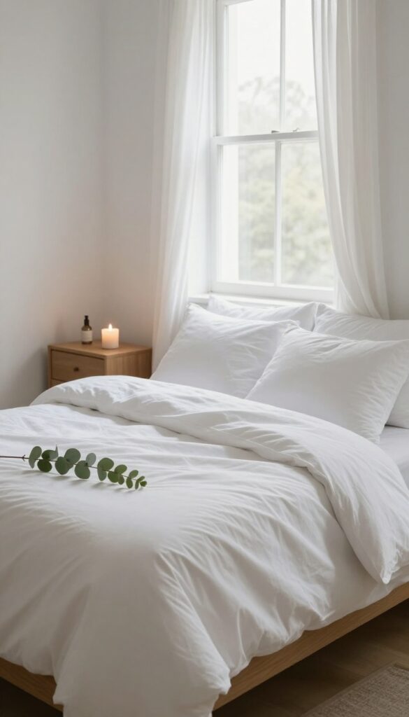 A tidy bedroom with an open window, a lit candle, and a linen spray, creating a fresh and clean scent.