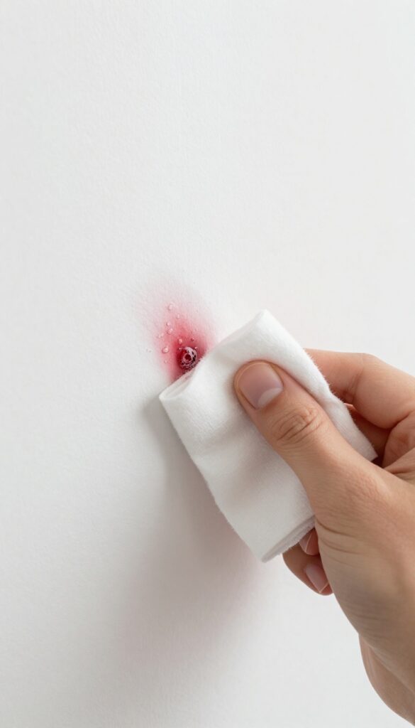 Hydrogen peroxide fizzing on a red wine stain on a white wall, cleaning process close-up