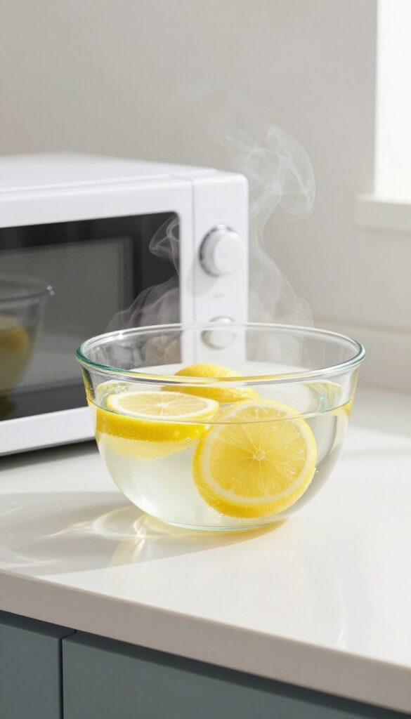 Steam cleaning a microwave with a bowl of water and lemon slices