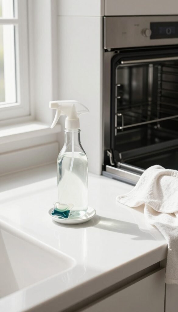 Spray bottle and dishwasher pod on kitchen counter near clean oven