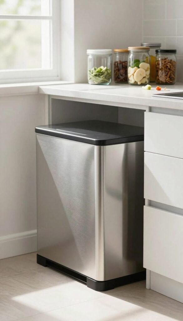 Slim compost bin next to open pantry shelf in bright kitchen