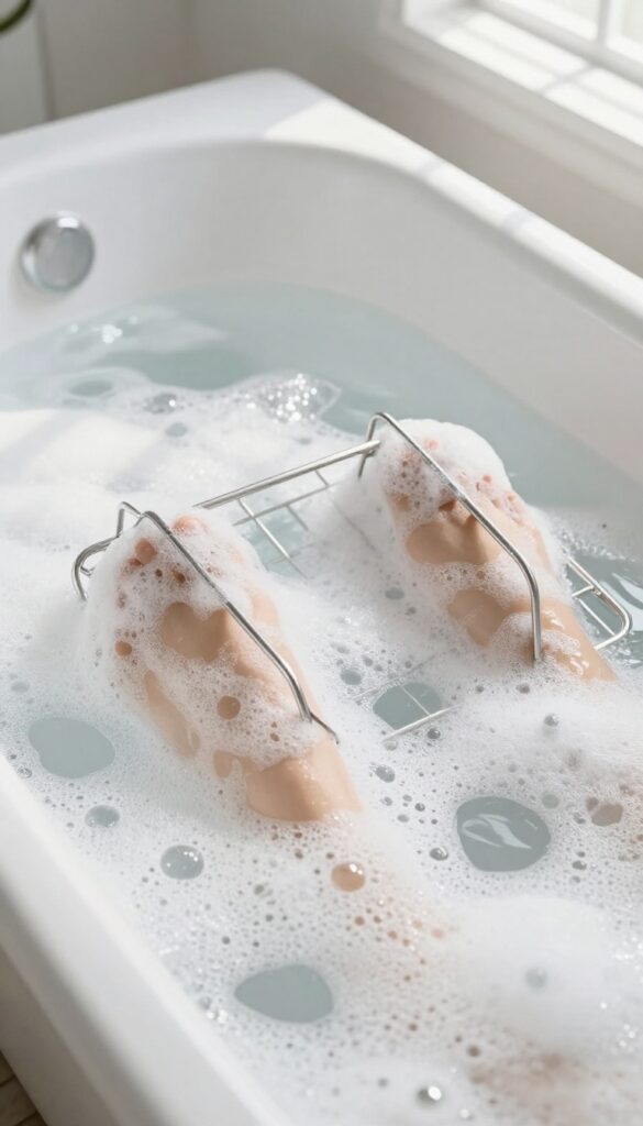 Oven racks soaking in a bathtub with hot water, dish soap, and baking soda for easy cleaning